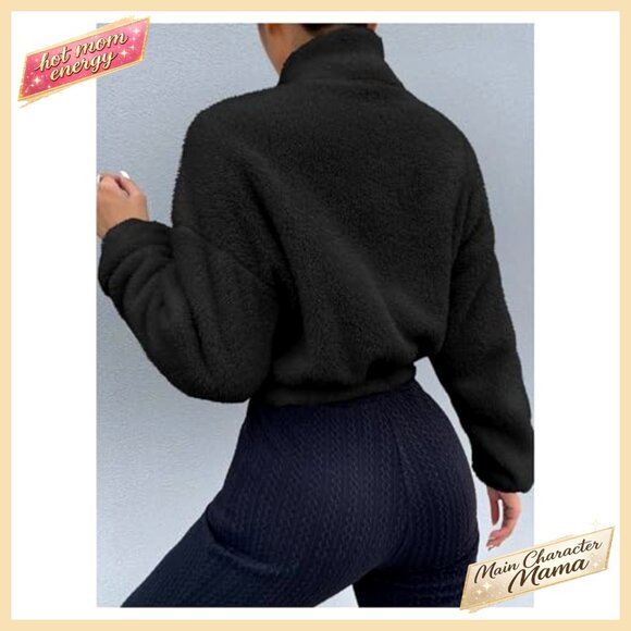 Faux Fur Cropped Jacket with Full Zip, Drop Shoulder, Long Sleeve - Picture 2 of 5